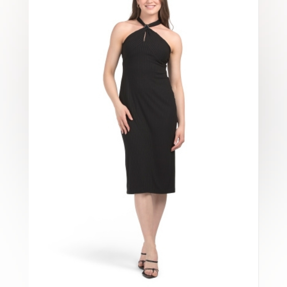 NWT - DKNY Stretch Black Keyhole Front Halter Neck Cross Back Midi Dress-Size 14